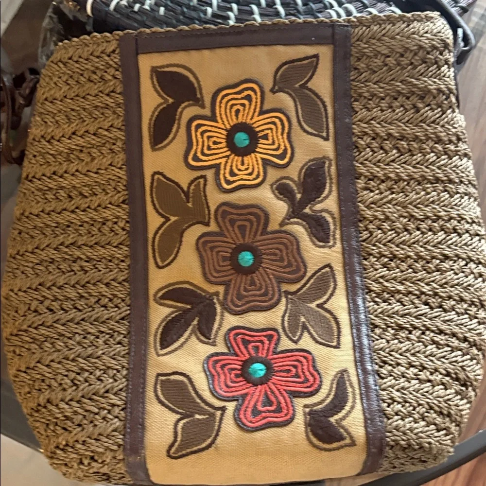 Brighton Floral Embroidered Tan and Brown Women's Bag - Picture 1 of 7